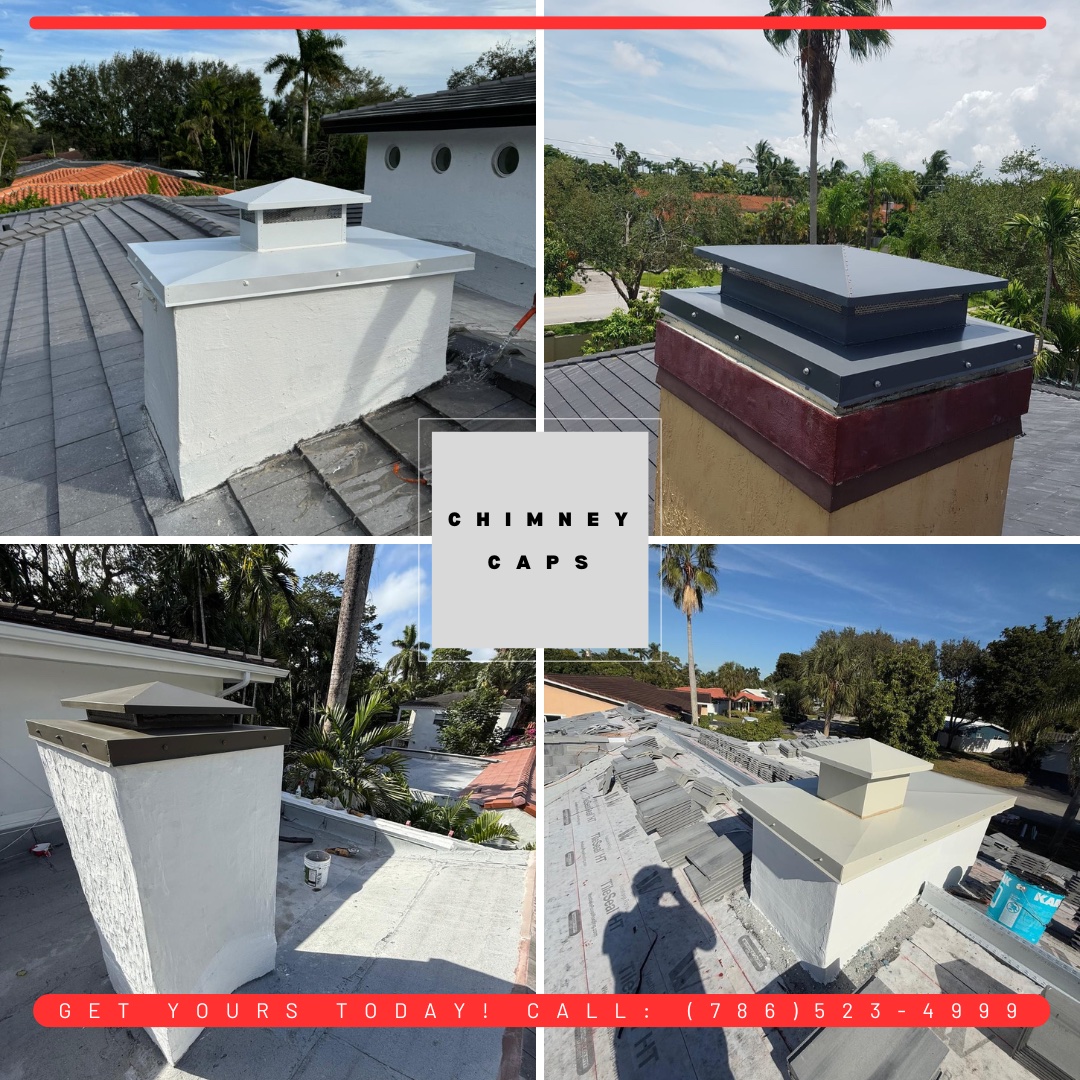 Four custom chimney caps fabricated and installed by Canopy Roofing on Miami homes — painted metal caps on tile and flat roofs
