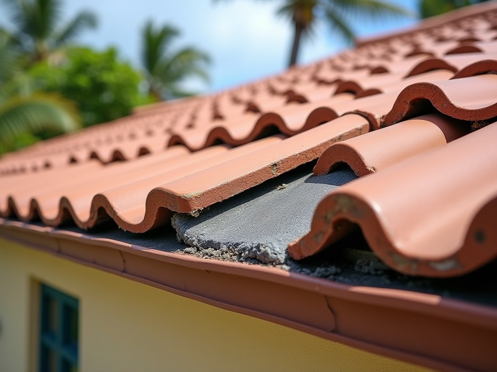 Slipped and missing tiles leave the battens and underlayment exposed to sun and rain.
