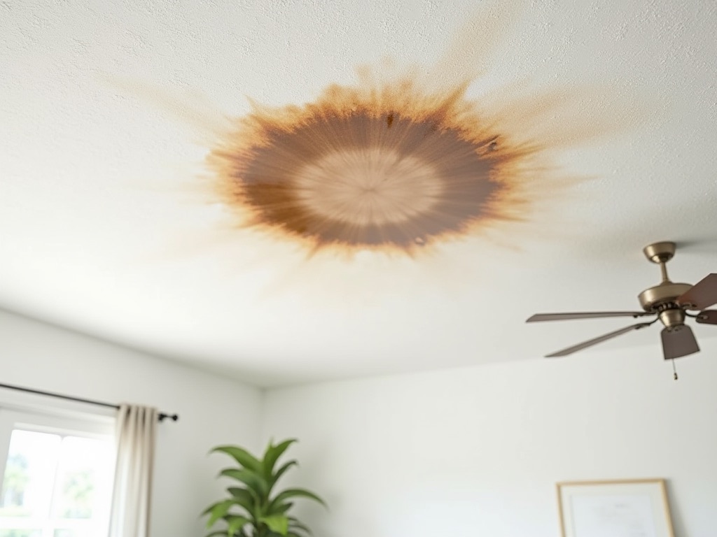 A brown ceiling stain like this means water is already inside the roof system.