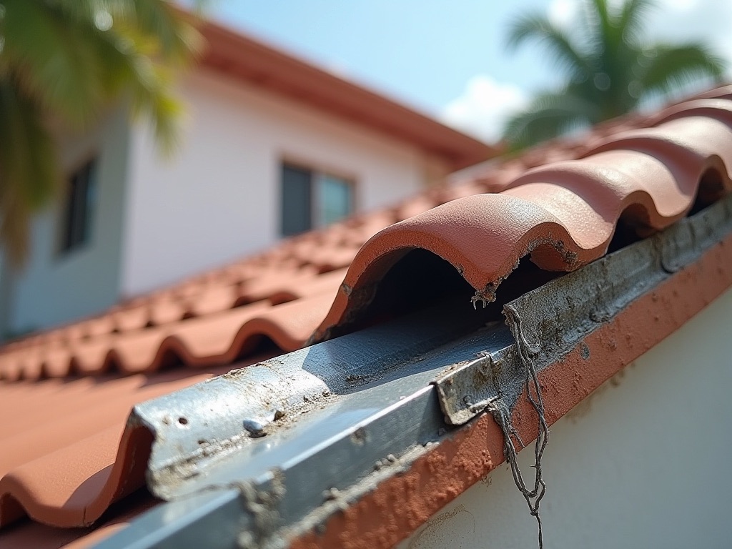 Failed flashing lifting where the tile roof meets the stucco wall — the #1 place leaks start.